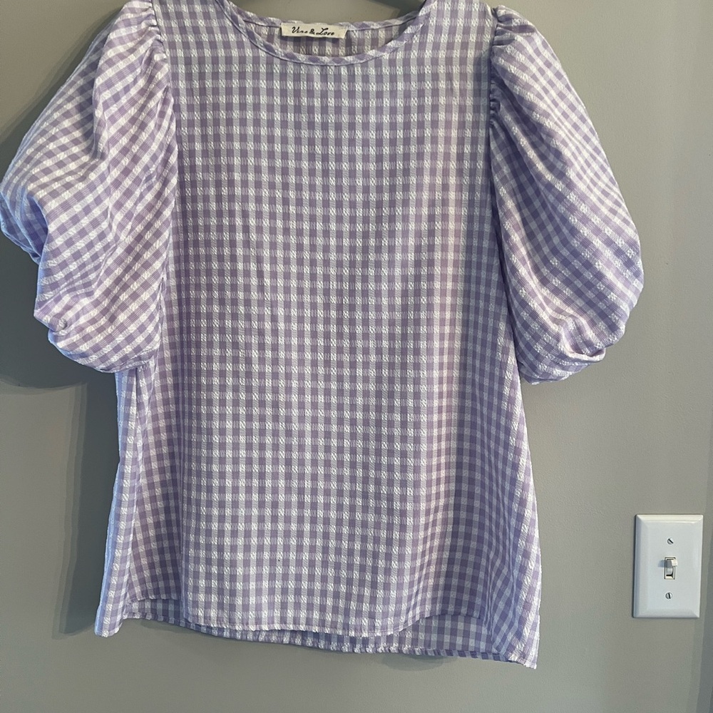 Purple Gingham Puff Sleeve Blouse